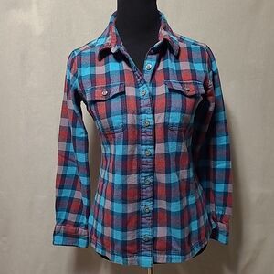 Patagonia Flannel Button Up Shirt Womens Sz 4 Pink Blue Plaid Organic Cotton